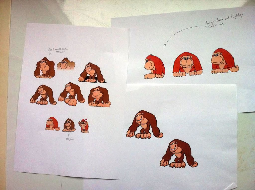 These early sketches of Donkey Kong were drawn by James Ryman and are from 1993, Donkey Kong has more slim limbs and a radically different face. This was before Miyamoto requested adding a tie (something he had included in his own redesign of DK that would be used in Game Boy Donkey Kong). These early sketches of Donkey Kong were drawn by James Ryman and are from 1993, Donkey Kong has more slim limbs and a radically different face. This was before Miyamoto requested adding a tie (something he had included in his own redesign of DK that would be used in Game Boy Donkey Kong).