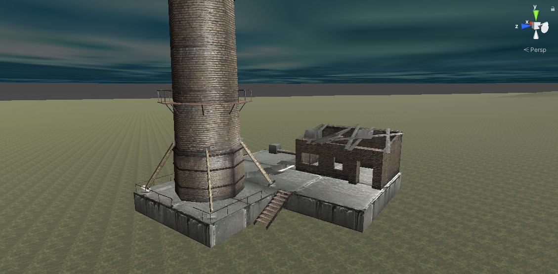 A smokestack and small building.