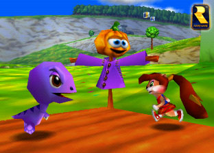 Berri and her dinosaur companion run around a patch featuring a pumpkin-headed scarecrow. Birdy's early days...