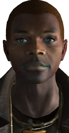 If his head/mask is removed with the GECK, it is revealed that he has another face underneath, that of the generic African American male.