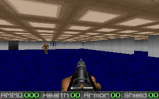 At the end of the corridor, the player is greeted by an Imp and two rooms. At the end of the corridor, the player is greeted by an Imp and two rooms.