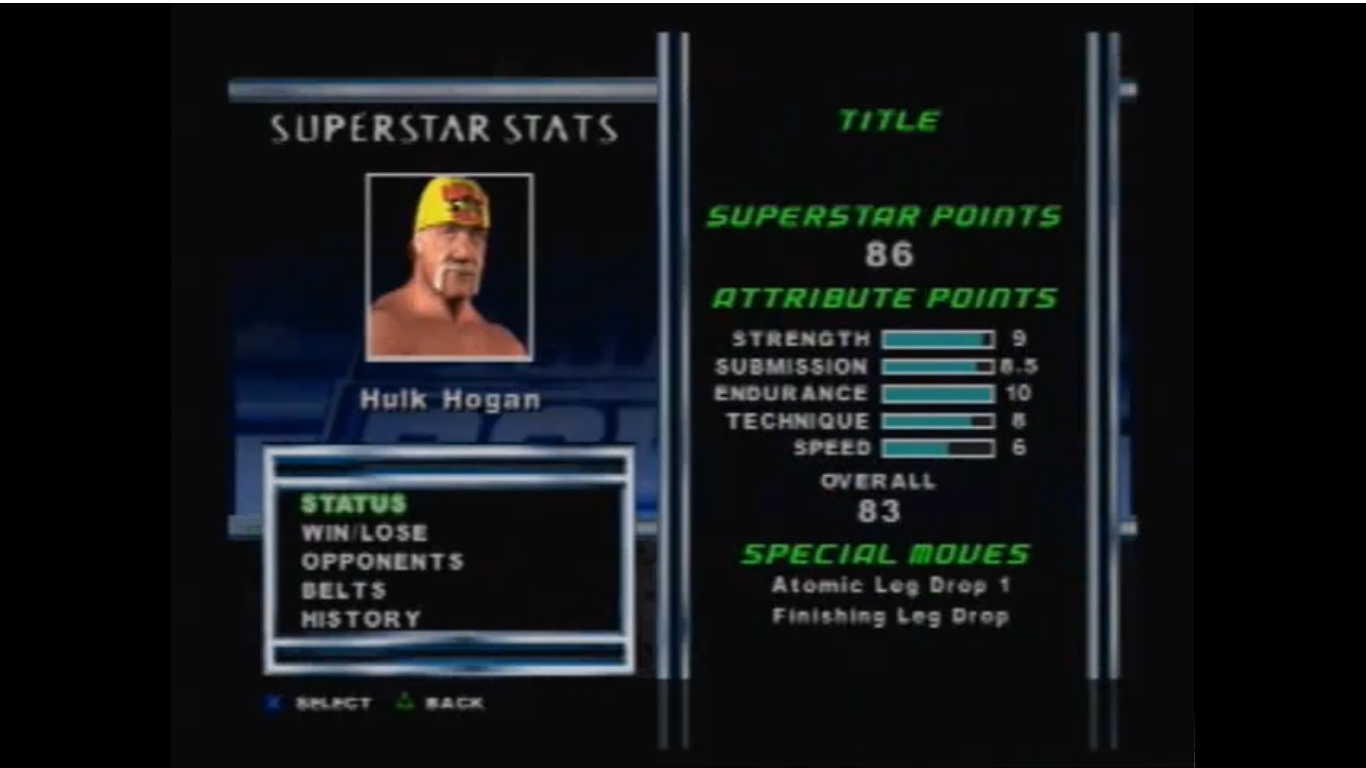 Hulk Hogan (2003)'s stats and finishing moves. Hulk Hogan (2003)'s stats and finishing moves.