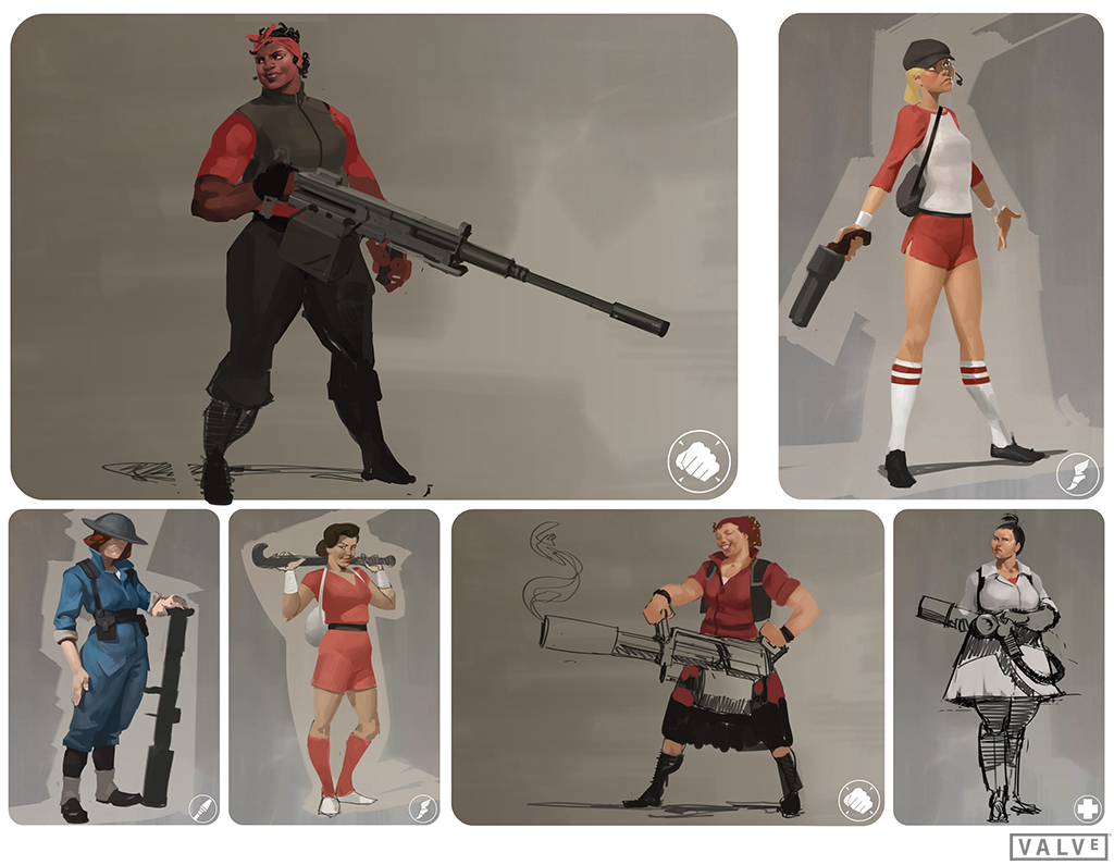 Concept art of female variants of Heavy, Scout, Soldier and Medic. Concept art of female variants of Heavy, Scout, Soldier and Medic.