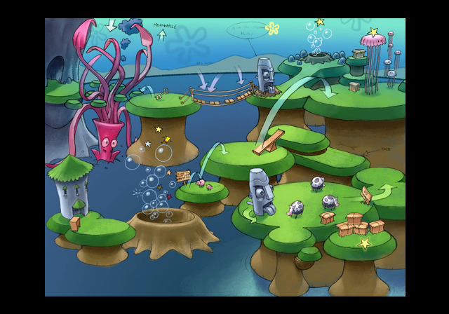 A SpongeBob style level section with lots of things that don't make sense, like cows, pigs, a giant squid, Jellyfish that don't resemble what is seen in SpongeBob, and a key object.