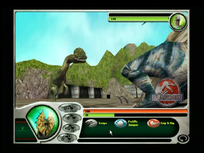 This image is a screencap taken from the official Scan Command Trailer which aired on TVs back in 2001 and also was on the Jurassic Park III DVD. It depicts the Dilophosaurus as playable. The attacks it knows are Swipe, Puddle Jumper, and Grip & Rip. Strangely, the skin is the Spitter Dilophosaurus' and not the unused skin found in the files that's shown above. Click to enlarge. This image is a screencap taken from the official Scan Command Trailer which aired on TVs back in 2001 and also was on the Jurassic Park III DVD. It depicts the Dilophosaurus as playable. The attacks it knows are Swipe, Puddle Jumper, and Grip & Rip. Strangely, the skin is the Spitter Dilophosaurus' and not the unused skin found in the files that's shown above. Click to enlarge.