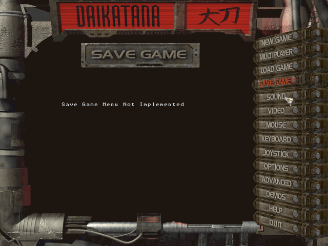 Save Game. Notice the missing period despite using the same temporary message as the other unfinished menu options. Save Game. Notice the missing period despite using the same temporary message as the other unfinished menu options.