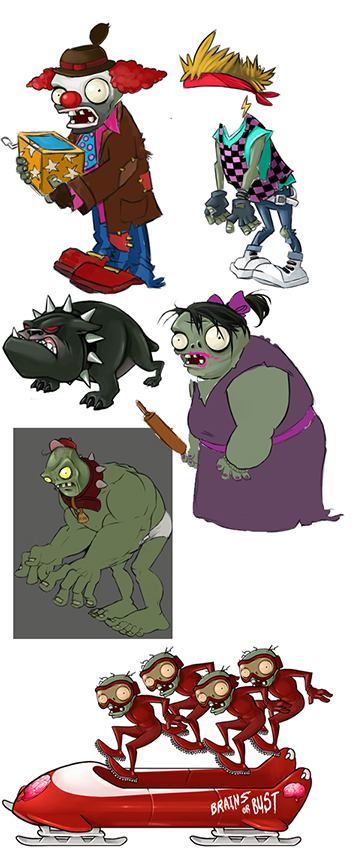 More zombies. We can see what appear to be another early Jack-in-the-Box zombie that's going for less of a "mental asylum escapee" vibe in favor of a clown aesthetic, the infamous early backup dancer zombie (but without a face), a Dog Zombie, as seen in the 0.1.1.1014 build (albeit less crudely drawn), a zombie that looks like some sort of mother, and a possible other Gargantuar design.