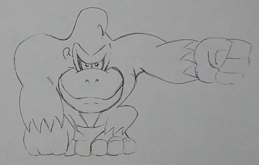 Donkey Kong with his fist out now more resembling his design seen in the final game Donkey Kong with his fist out now more resembling his design seen in the final game