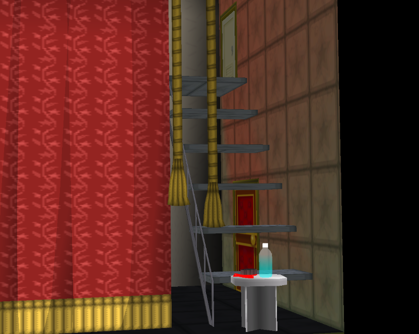 On the left side of the stage is a set of stairs leading to two different doors; the bottom-most one is also present on the right side of the stage. The table and its contents are identical to those seen in the A-List Star Stage.