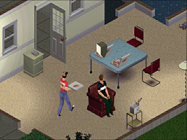 The pizza-delivering NPC's cap appears to use incorrect, skin-like textures. It also depicts an early low-end TV design, an unused chair, as well as an early arrow-shaped active character Plumbob. An early design for the trash pile can be partially seen in the upper right corner. The pizza-delivering NPC's cap appears to use incorrect, skin-like textures. It also depicts an early low-end TV design, an unused chair, as well as an early arrow-shaped active character Plumbob. An early design for the trash pile can be partially seen in the upper right corner.