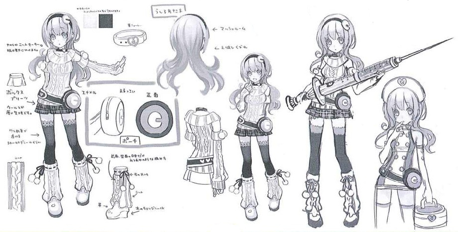 She originally wore a nurse's outfit to emphasize her "medic" status. However, this design would become an alternate attire in-game.