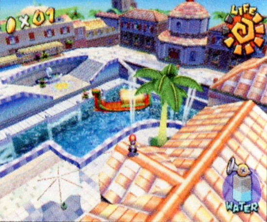 Page 30 of the North American manual shows a screenshot of a fully-lit Delfino Plaza's center with a different boat and a lack of Toads by the box game.