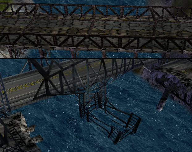 Damaged and destroyed bridges in-game.