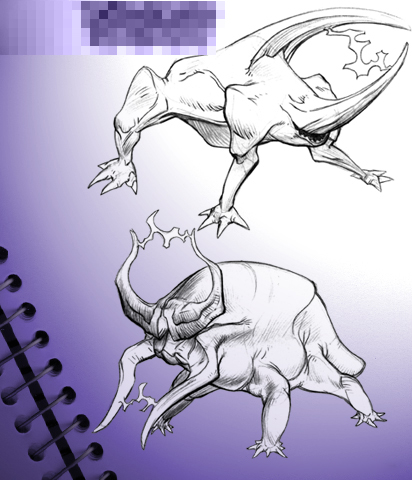 Concept art showing creatures that have very similar motifs to the Teslaraptor's. These were very likely early designs for the Teslaraptor. Concept art showing creatures that have very similar motifs to the Teslaraptor's. These were very likely early designs for the Teslaraptor.