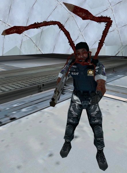 EDF Soldier with tentacles coming out of him. EDF Soldier with tentacles coming out of him.