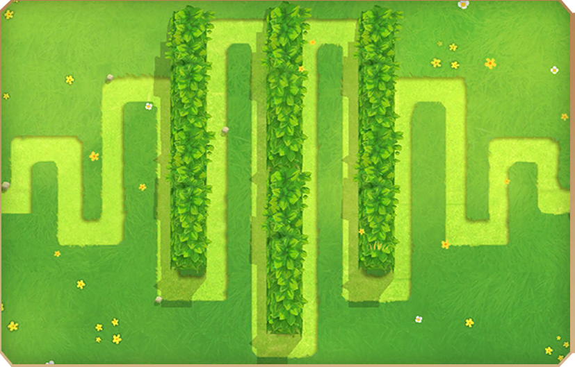 Hedge. No dart monkey statue, there are no edges to the garden, and the path is grass rather than stone.