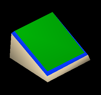 An unused slanted stone square with a white base, dark blue rim, and grassy middle with flowers on it.