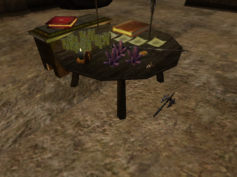 This table has all sorts of good items on it. There's a Daedric Longsword, a couple of soulgems with souls already in them, some gold, and a magic amulet. The chest contains just about every book, note, and other readable work from the vanilla game, including every skill book. This table has all sorts of good items on it. There's a Daedric Longsword, a couple of soulgems with souls already in them, some gold, and a magic amulet. The chest contains just about every book, note, and other readable work from the vanilla game, including every skill book.