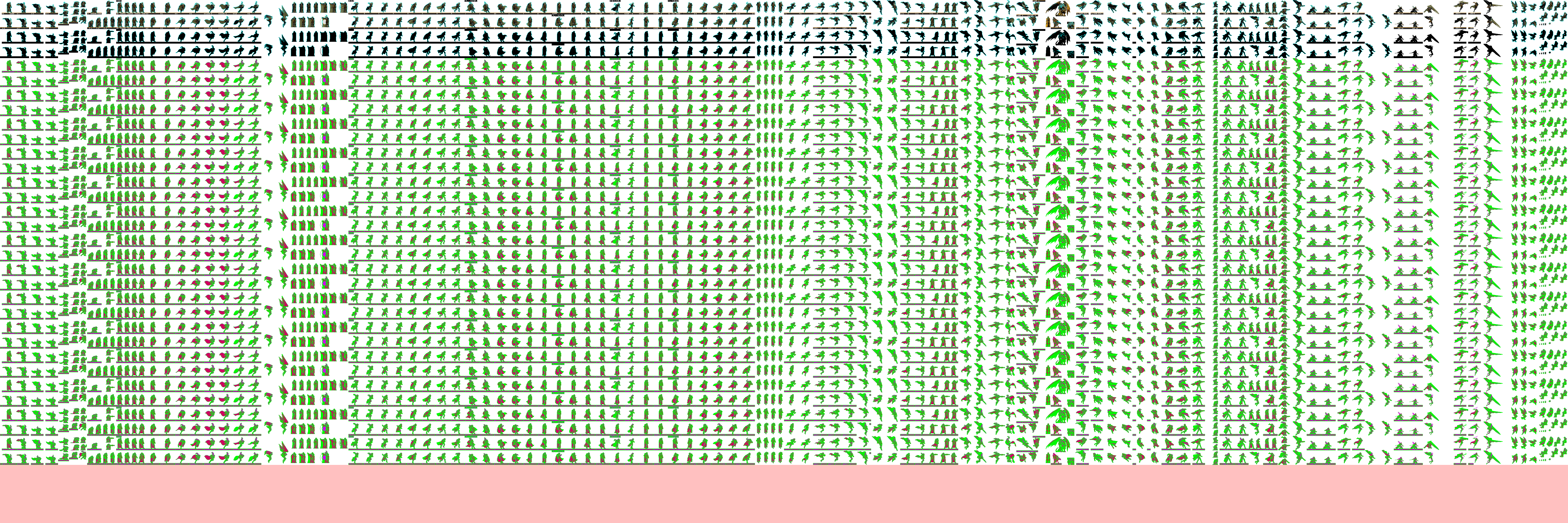 Complete sprite dump of Alucard. Note the bits of text, in both English and Japanese, indicating what Alucard is up to in each animation. There are several other palettes that were probably deleted.