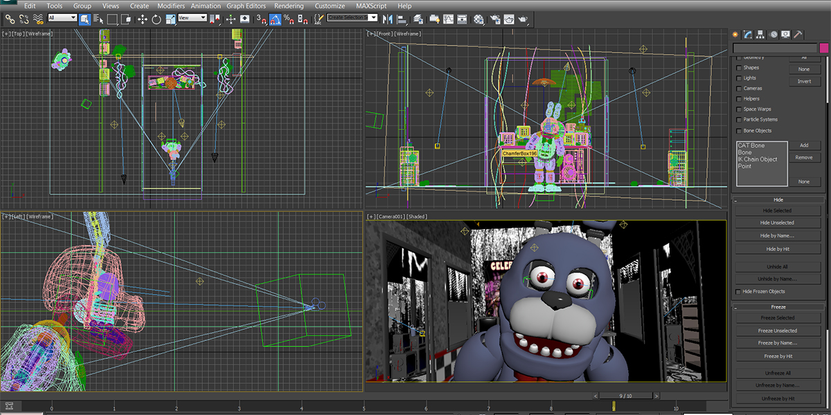 A behind-the-scenes image of one of Bonnie's jumpscare frames. A wireframe model of Freddy can be seen at the top left corner, normally unseen by the player. A behind-the-scenes image of one of Bonnie's jumpscare frames. A wireframe model of Freddy can be seen at the top left corner, normally unseen by the player.
