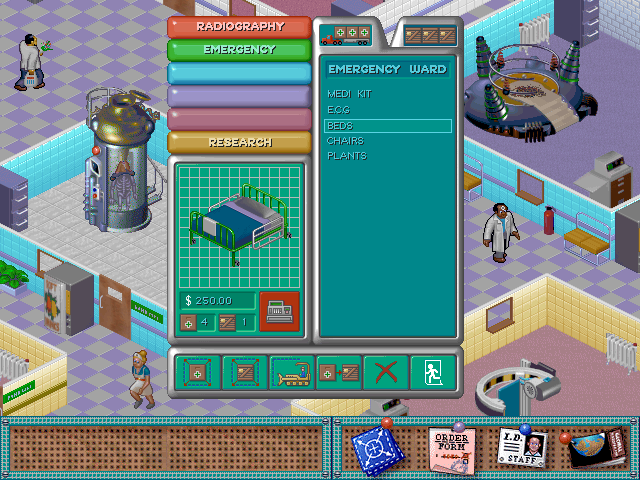 Source image for a picture from PC Zone issue 38 above. The interface for room objects is totally different. Note that this is for an Emergency Ward", a room that does not exist in the final game. There are also "ECG" and "Medikit" objects that are not in the final game. The bed pictured also has some of statistics against it, one represented by a box with a medical cross on it, the other a crate with a note on it. It's not clear what these represented.