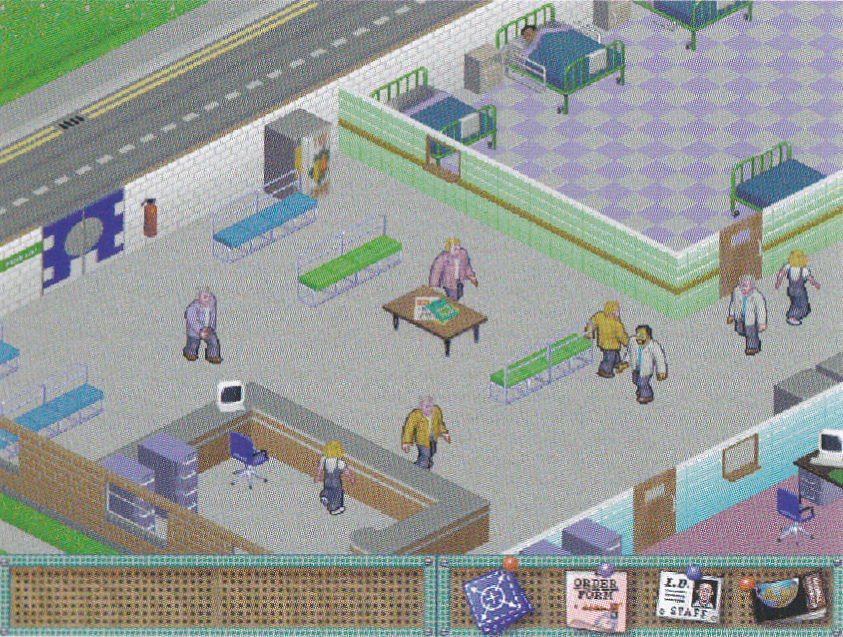 Same, but with a green ward with bedside cabinets and a different receptionist's desk.