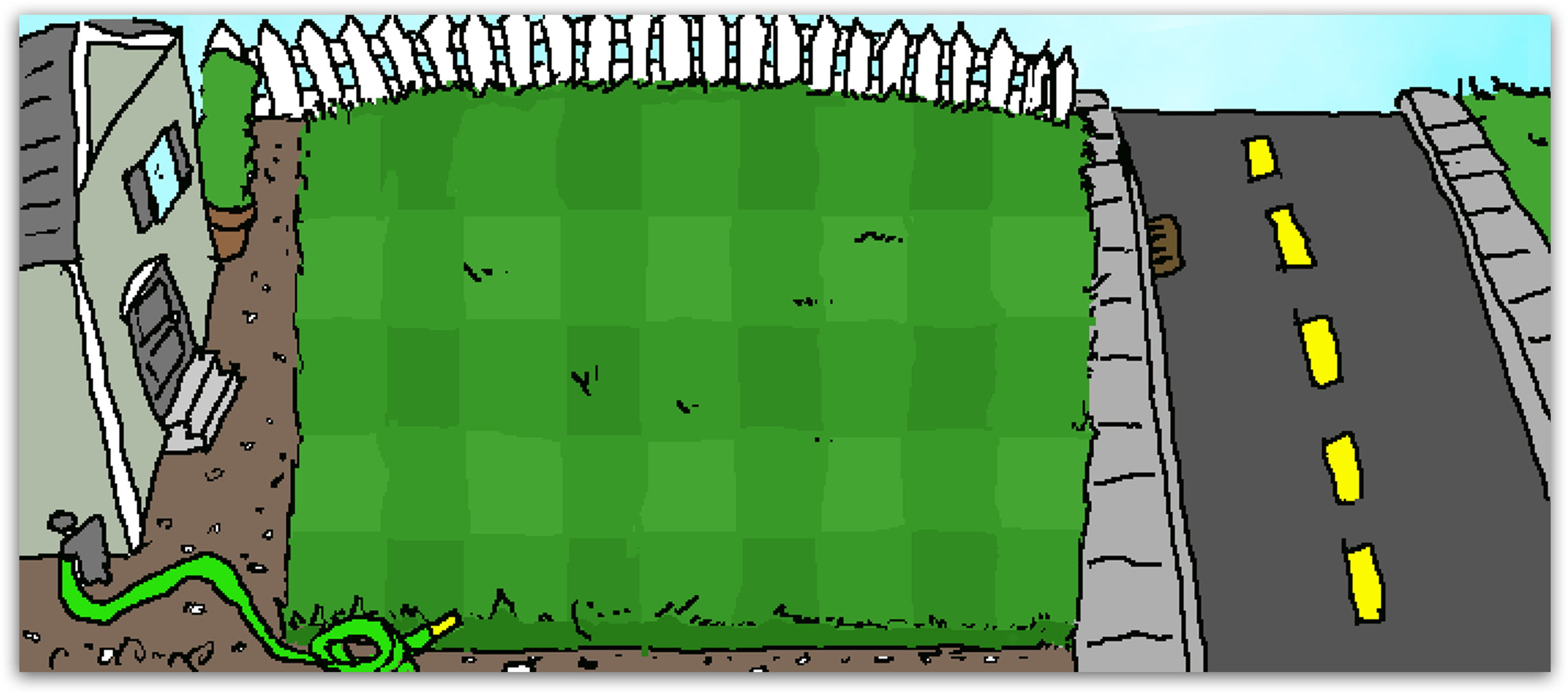 Concept art for the front lawn drawn by George Fan, as seen in the Plants vs. Zombies Replanted concept art gallery. While much of the "concept art" featured in Replanted was either entirely falsified or originated from later Plants vs. Zombies games, this one was confirmed to be genuine by Enrique Corts, the game's background artist.