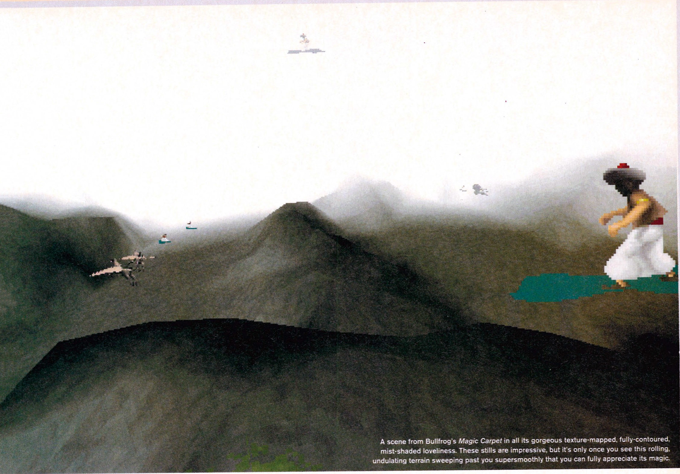 An early screenshot of the final iteration of the game's engine. Rough redesigns of the main character can be seen, as well as distant Griffins. The landscape is also darker looking than the final game An early screenshot of the final iteration of the game's engine. Rough redesigns of the main character can be seen, as well as distant Griffins. The landscape is also darker looking than the final game