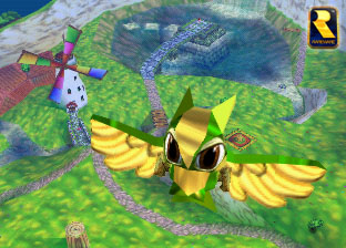 An owls-eye-view of the Windmill as Knowit flies around the hub world.