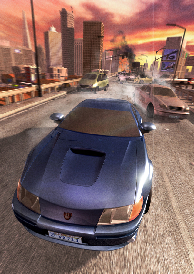 Concept art depicting a high road and a city on the background with the Thunderbolt GT driving fast with two possible playable cars: luxury coupe and minivan. Concept art depicting a high road and a city on the background with the Thunderbolt GT driving fast with two possible playable cars: luxury coupe and minivan.