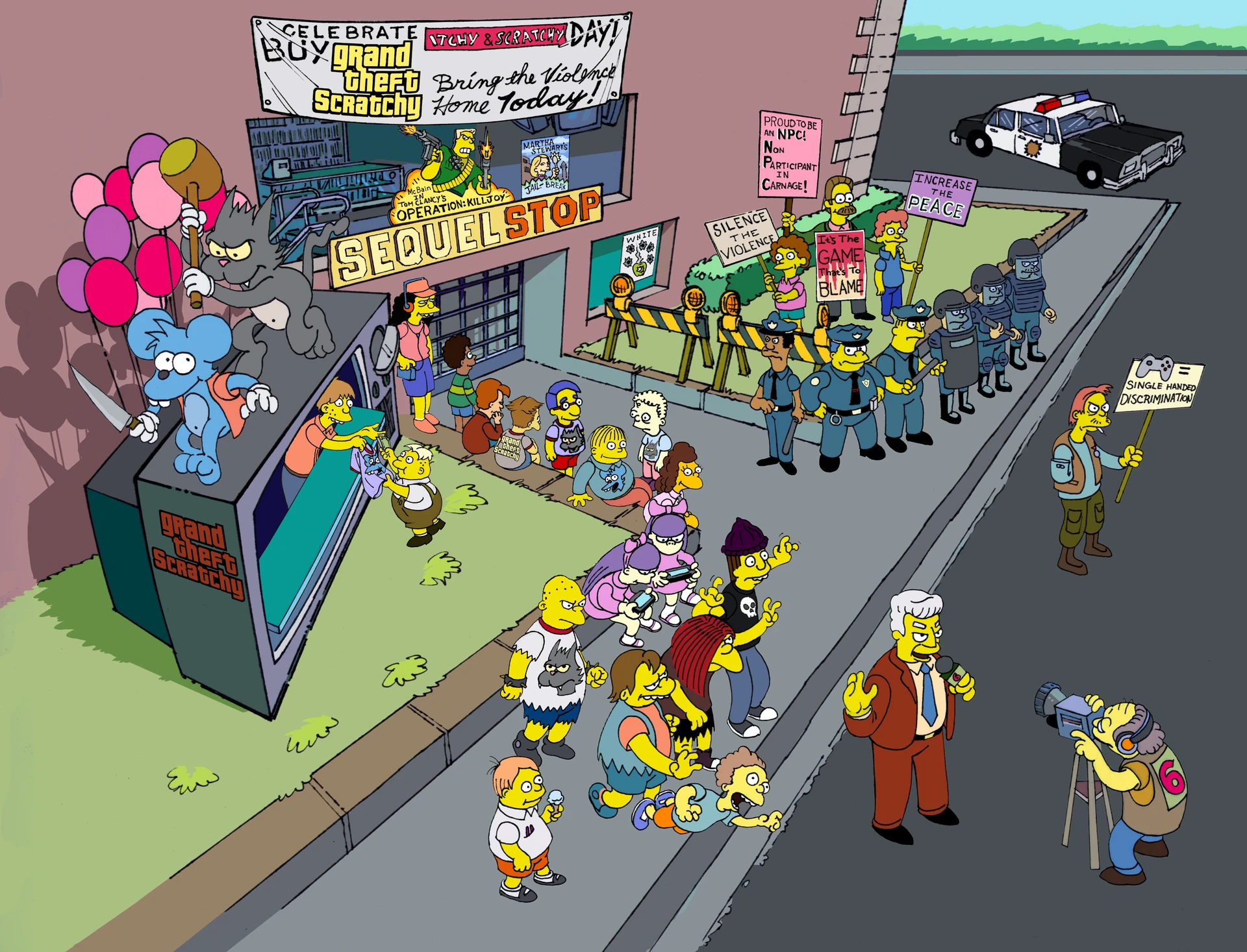 ""Grand Theft Scratchy" is about to be released and the adults of Springfield are protesting the violence in the game, while the kids are lined up to buy it." ""Grand Theft Scratchy" is about to be released and the adults of Springfield are protesting the violence in the game, while the kids are lined up to buy it."