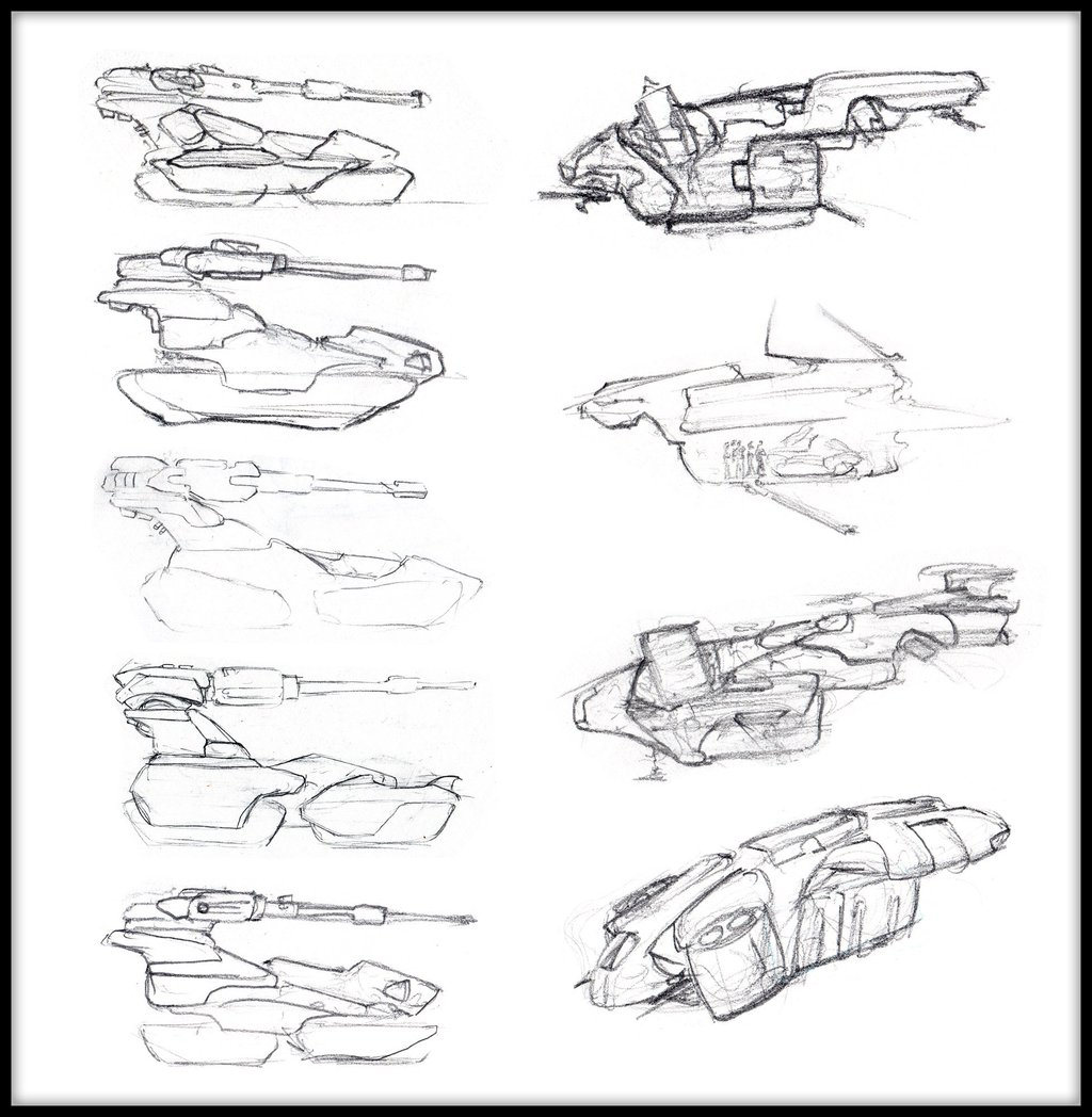 Early concepts for the Scorpion tank and Pelican dropship.