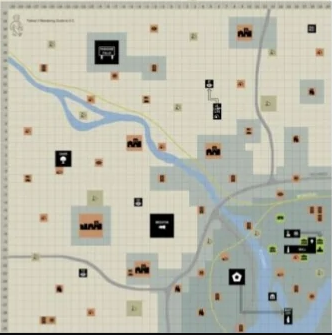 Fallout 3 developer map from 2005, showing map size, layout, locations. Note main quest location symbols are black and white. The map is much smaller and many locations are placed differently from retail.