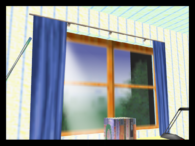The pole holding up the window curtains is normally unseen as the camera never pans so high up.