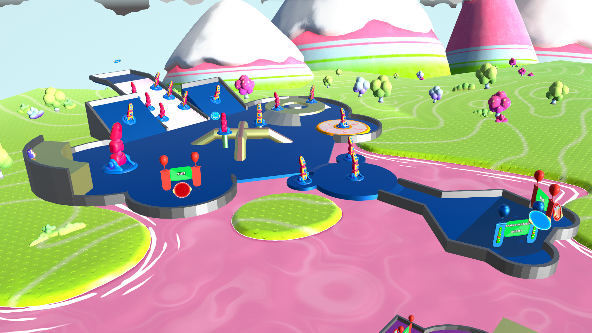 Place for testing the Kraken Tentacles. They are scattered, and are of various sizes. There is a Bert on a cliff. The green donut spins. Instead of using the usual slippery slime texture for the slime slide, it is using the slime featured in Survival rounds.