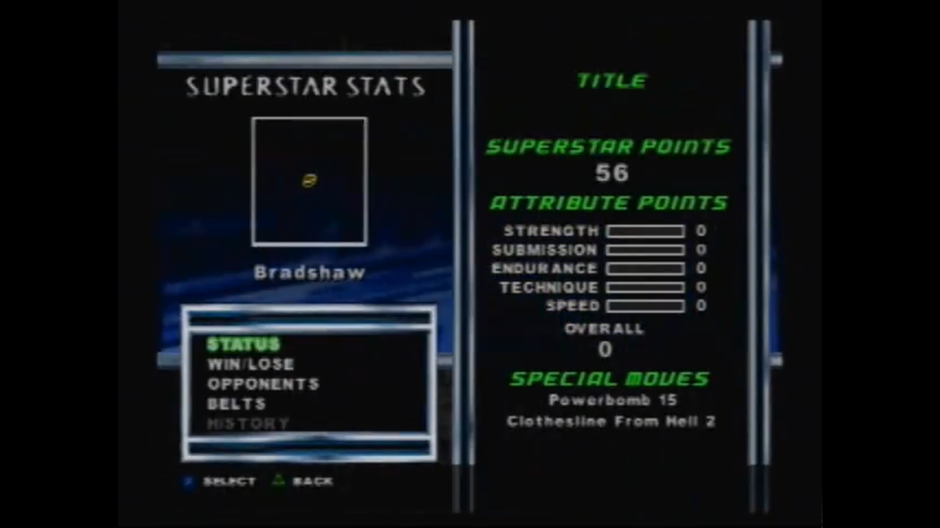 Bradshaw's stats and finishing moves. Bradshaw's stats and finishing moves.