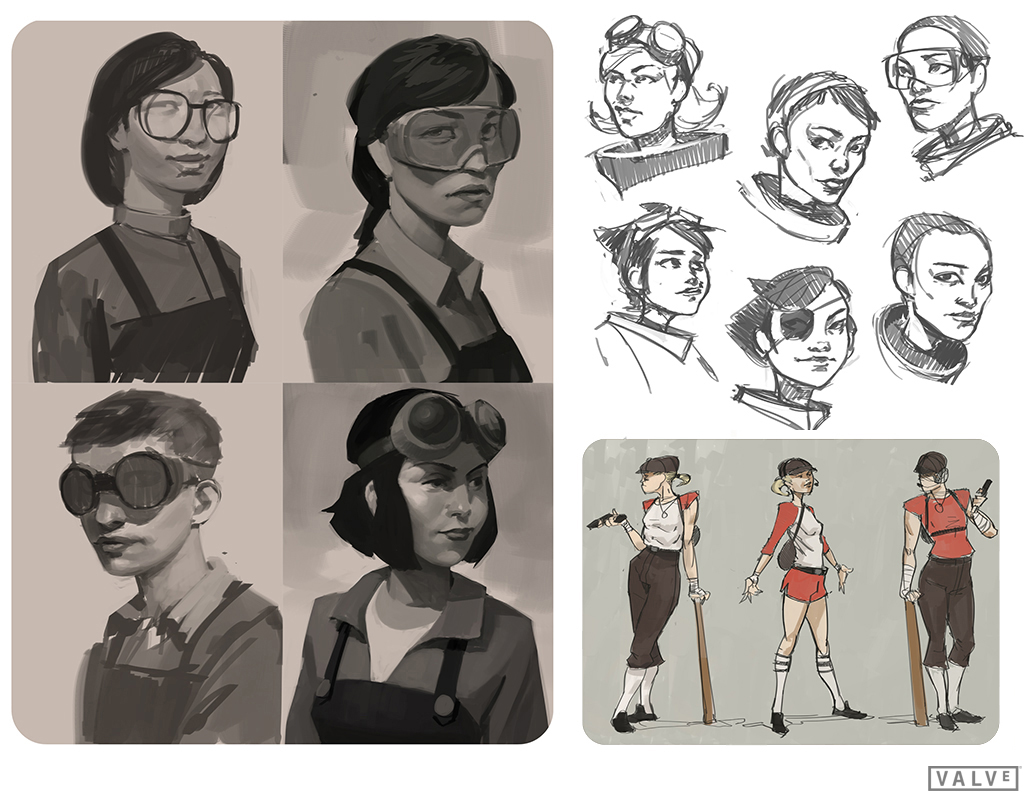 More concept art of female varients of Engineer, Demoman and Scout. More concept art of female varients of Engineer, Demoman and Scout.