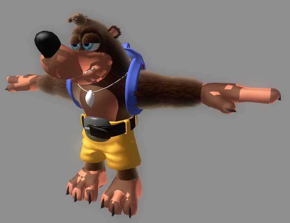 A screenshot of a high quality model of Banjo from his early Banjo-X days, albeit with weird lighting issues.