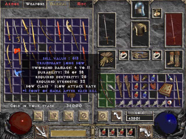 An older screenshot showing the Convert button. Also of note are the different looking buttons, different item (club, ring, amulet) icons, organs that are present, and the unknown book item.