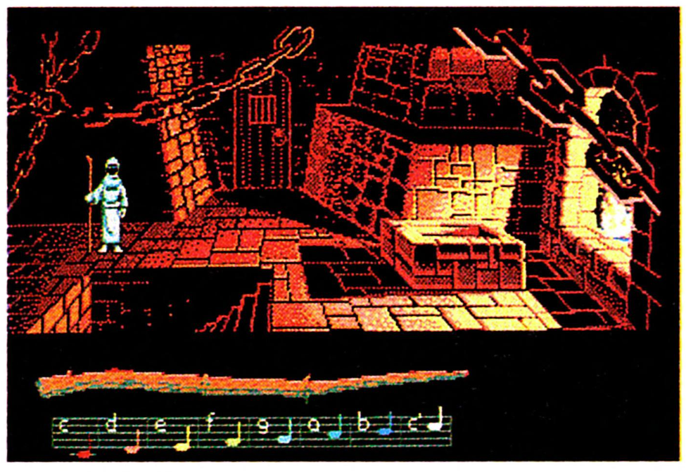 Stoke's room in the Forge. The background has been redrawn with the features of the final version, but Stoke himself is absent, and the cell door is shut, which in the final game only happens when Bobbin is locked inside.