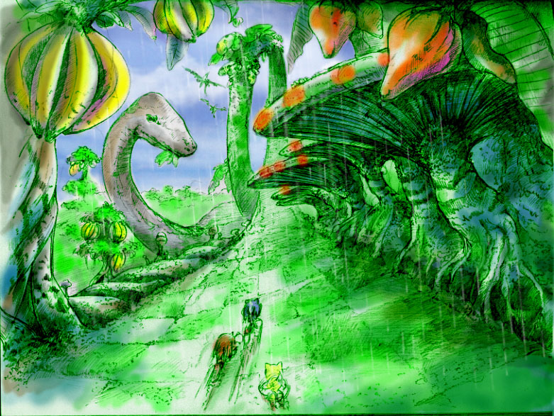Concept art for Frog Forest. A dinosaur would appear in the stage.