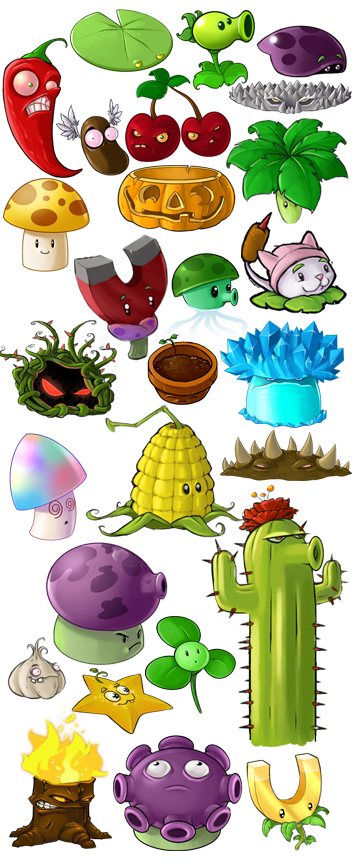 Various plants, some of which sporting different designs. There is a Peashooter with 4 leaves which then became the repeater, a Spikerock that appears to have no spike crowns on its head (as seen in the 0.1.1.1014 Bloom and Doom build, a Coffee Bean that has wings (a feature seen in some promo art), a Kernel-pult that doesn't have eyebrows or a bucket to shoot its corn, and a Cactus that uses its elongated form to pop Balloon Zombies. Some of the art featured here was reused for the HD version of PVZ for iPads and Android tablets.