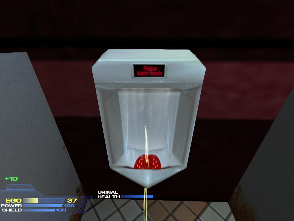 The urinal automatically flushing, complete with a "please wash hands" message appearing on it. The player has also gained 10 Ego from doing this.