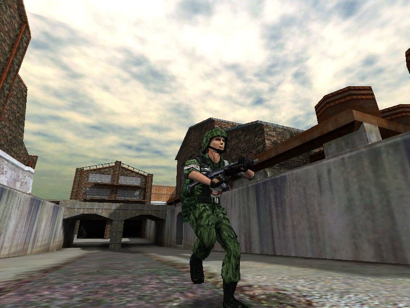Field Medic class on an industrial-themed map, holding an Uzi. Field Medic class on an industrial-themed map, holding an Uzi.