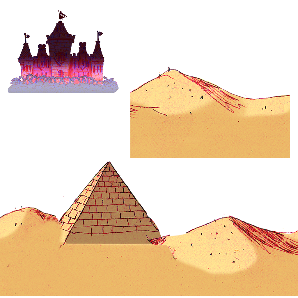 "DW_BACKDROP_1. There are unused illustrations of a pyramid backdrop for Orange Oasis, similar to the cliffs in Otherworld and Deep Well." "DW_BACKDROP_1. There are unused illustrations of a pyramid backdrop for Orange Oasis, similar to the cliffs in Otherworld and Deep Well."