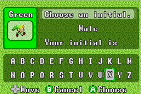 Early English name input screen on the GBA.