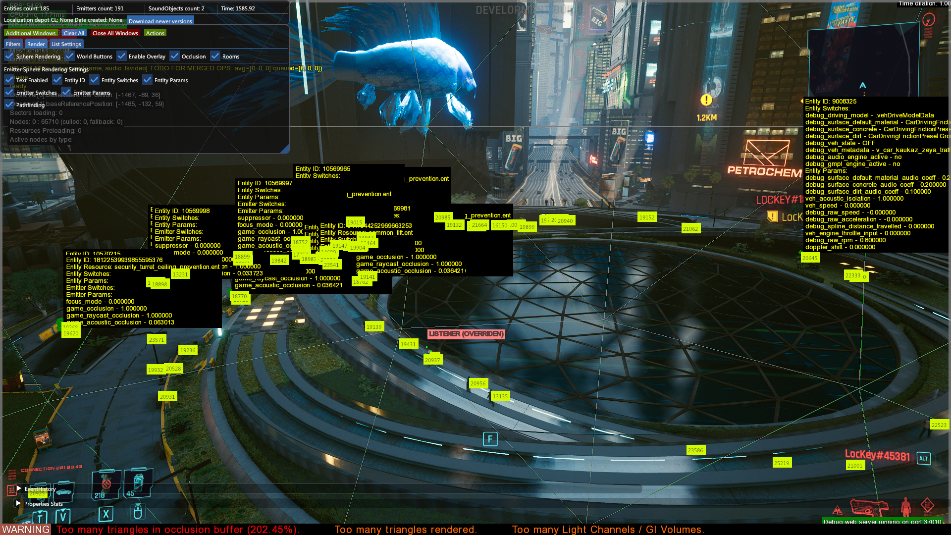 All options in the Render tab enabled. The yellow numbered "World buttons" are clickable in ImGui mode.