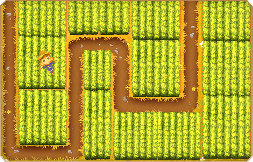 Cornfield. Extremely different than the final. Either the path is thicker or the track is significantly shorter. This map is also in a top-down view. The scarecrow has a smile, smaller eyes, and a brighter fur. There is no distinct corn paths, and it appears they are all present at the start instead of the one in the middle being removed by default to allow tower placement. There are no fences around the field, the grass is yellow, and the path is more muddy than the final.