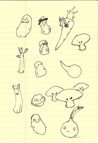 Even more early plant designs including a potato which probably became potato mine, a peanut with a appearance that of Mr. Peanut from the Planters brand along with 2 more peanuts, some sort of carrot with a "rock out" pose, a generic mushroom which could be the Doom-Shroom or Hypno-Shroom, celery stalks, a gourd(?) without a face, a more conventional looking Wall-Nut, more generic mushrooms, another potato, and an onion.