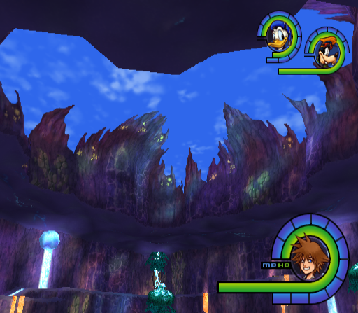 The top of the island showing the bright sky outside, which contrasts with the darkness of the inside. The top of the island showing the bright sky outside, which contrasts with the darkness of the inside.